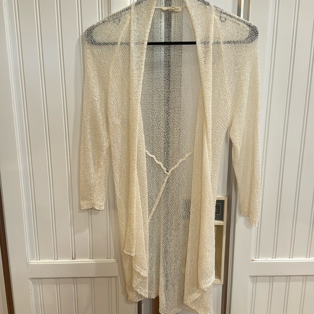 EILEEN FISHER sustainable linen loose-knit long wrap in cream of the earth (M)